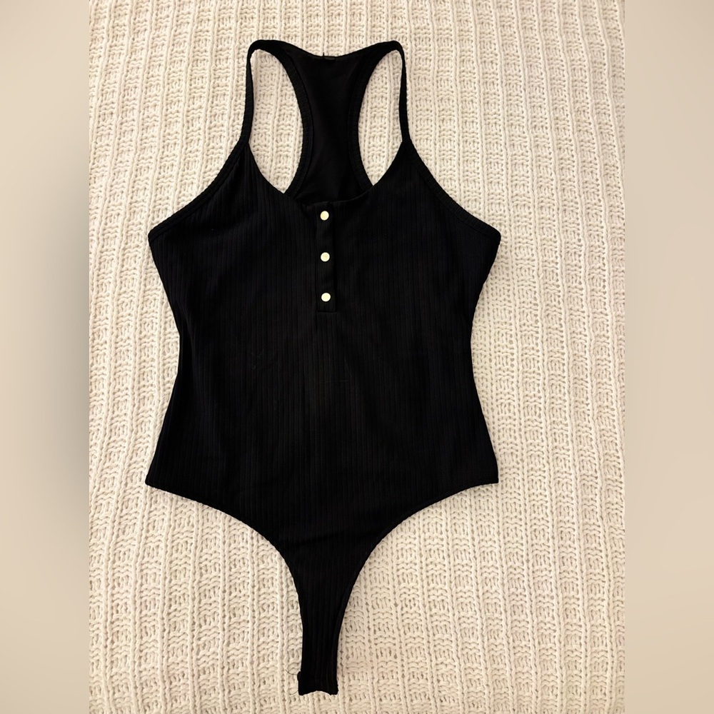 VS Ribbed Bodysuit, racerback henley, black w/ gold snaps, size S/M